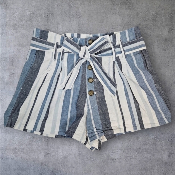 Abercrombie & Fitch High Rise Linen Blue Striped Paper‎ Bag Shorts Size Small - Picture 1 of 11